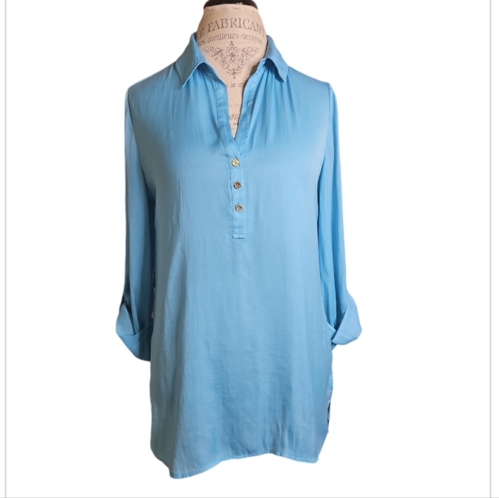 Lilly Pulitzer Turquoise V Neck Placket Pullover Blouse Size M